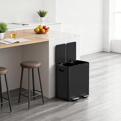 mVm Dual Trash Can, 10.6 Gal (2x5.3Gal) Kitchen Trash Can with Thick Lids, 2 Compartment Stainless Steel Recycle Bin for Home Kitchen Office (Black)