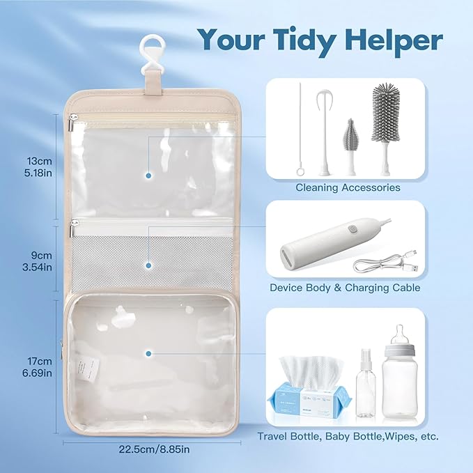 Electric Bottle Brush Cleaner, Electric Baby Bottle Brush Set with Silicone Bottle/Nipple/Straw Brush Soap Dispenser/Storage Bag for Home and Travel, White