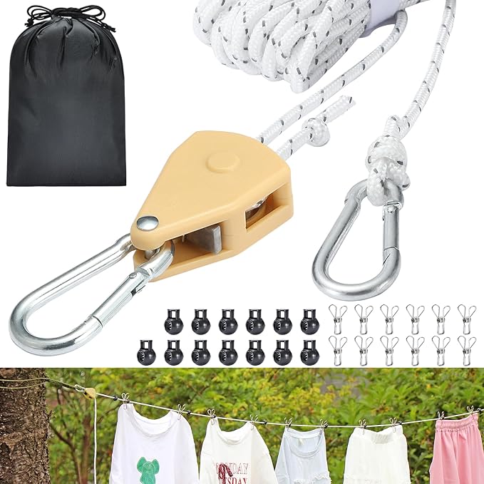 Retractable Travel Clothesline, 19FT Adjustable Heavy-Duty Line with Reflective Pulley System, Stainless Hooks & Clips – Portable for Camping, Cruise, Hotel, Balcony & Outdoor Laundry (Yellow)