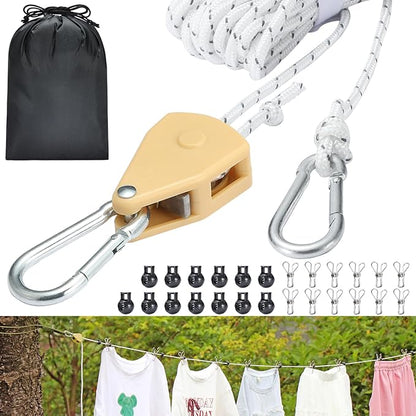 Retractable Travel Clothesline, 19FT Adjustable Heavy-Duty Line with Reflective Pulley System, Stainless Hooks & Clips – Portable for Camping, Cruise, Hotel, Balcony & Outdoor Laundry (Yellow)