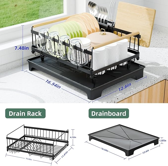 Dish Drying Rack, Dish Rack with Auto-Drainboard Rustproof Kitchen Counter Strainer with Cutlery & Cup Holders—Compact Space Saver for Small Spaces, Black