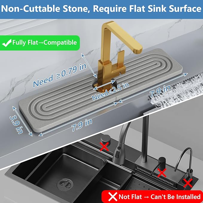 24'' Longer Stone Faucet Mat for Kitchen Sink [Super Absorbent, 30s Quick Drying] Water Absorbing Stone Tray for Sink Stone Mat for Kitchen Sink Stone Quick Dry Around Faucet Diatomite Stone Sink Tray