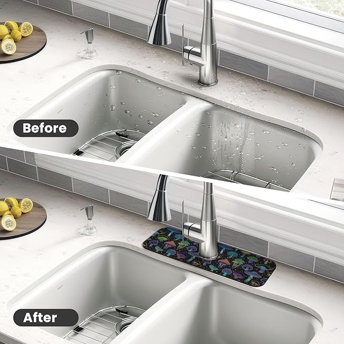 Cool Mushroom Mushrooms Kitchen Sink Splash Guard Faucet Mat Super Absorbent Fast Drying Mat Sink Gadgets-Fast Drying Pad Sink Mat For Kitchen Bathroom (15" X 5.5" )