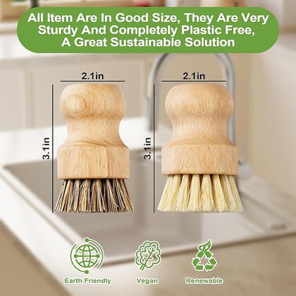 Bamboo Dish Scrub Brushes,Kitchen Wooden Cleaning Scrubbers Set with 100 Kitchen Sink Strainer Mesh Bags, 1 Kitchen Squeegee,4 Pack Round Mini Dish Brush with Ceramic Holder for Kitchen Sink Cleaning