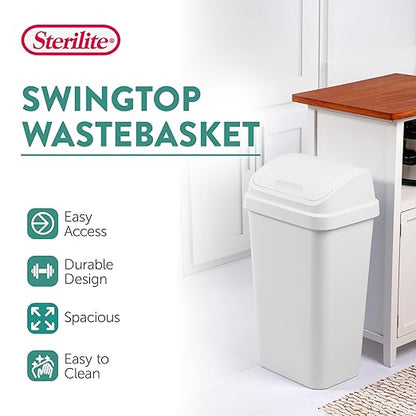 Sterilite 12-Pack Swing Top Wastebasket, Sleek Square Profile Trash Can, 13 Gallon, White - Modern Garbage Bin for Kitchen, Bathroom, Garage and Workspace, Fits 13 Gal Liners