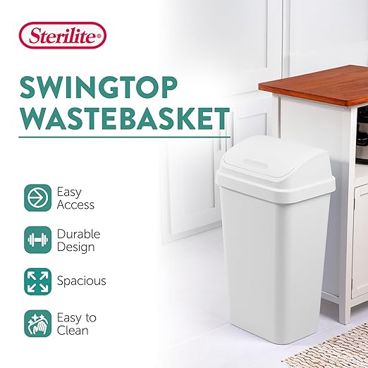 Sterilite 16 Pack Kitchen Garbage Trash Can with Plastic Swing Top, 13 Gal, White