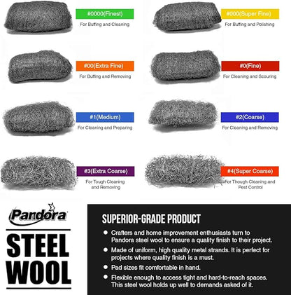 Pandora Steel Wool #00 – Extra Fine Grade, 16 Pads for Buffing and Cleaning - Quality Metal Strands - Ideal for Cleaning Golf Clubs, Metal Wheels, Screens, and Metal Lawn Furniture