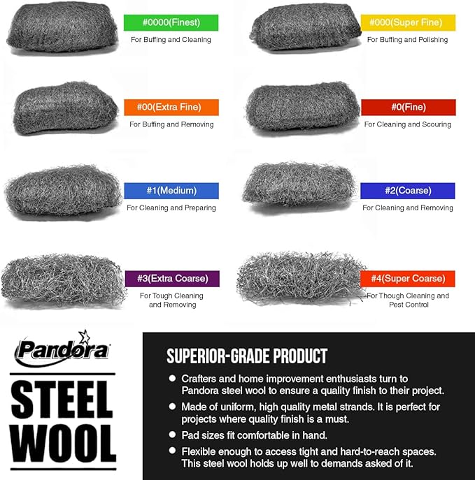 Pandora Steel Wool #1 – Medium Grade, 48 Pads for Cleaning and Preparing- Metal Strands - Ideal for Linoleum Floors, Bowling Balls, and Shoe Soles