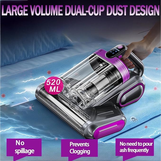 Cordless Double-Cup Mattress Cleaner, 18Kpa Suction 253.7nm UV-C Light & 80000Rpm Rotation Ultrasonic Tech, Portable Handheld Vacuum for Bed/Fabric Sofa/Carpet Cleaning(Purple)