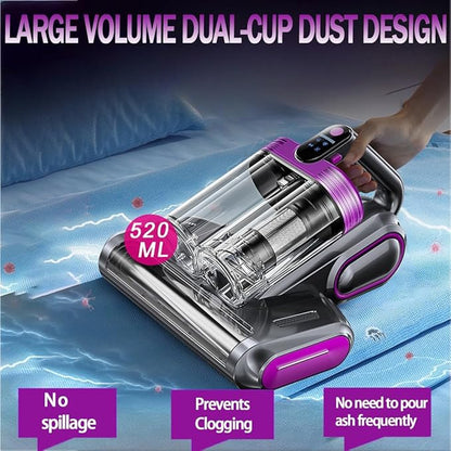 Cordless Double-Cup Mattress Cleaner, 18Kpa Suction 253.7nm UV-C Light & 80000Rpm Rotation Ultrasonic Tech, Portable Handheld Vacuum for Bed/Fabric Sofa/Carpet Cleaning(Purple)