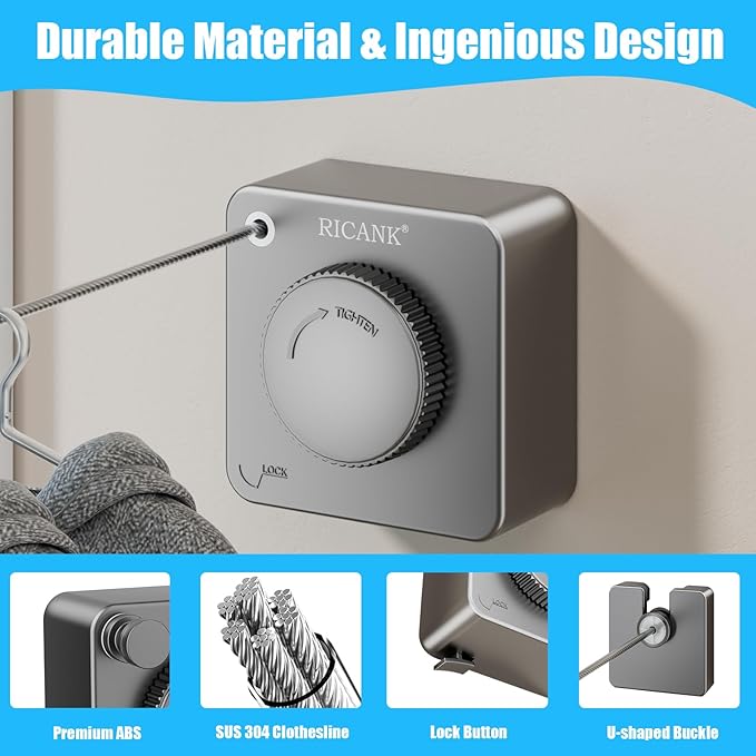 Retractable Clothesline Indoor - Non-Sagging Retractable Clothesline Outdoor - Retracting 13.8 Ft Heavy Duty Drying Clothes Line - Wall Mounted Stainless Steel Laundry Line (Gray, Square)