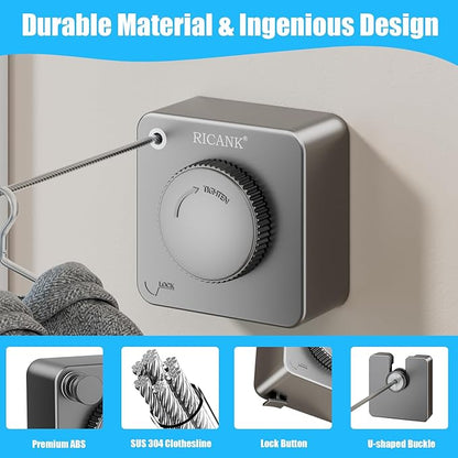 Retractable Clothesline Indoor - Non-Sagging Retractable Clothesline Outdoor - Retracting 13.8 Ft Heavy Duty Drying Clothes Line - Wall Mounted Stainless Steel Laundry Line (Gray, Square)