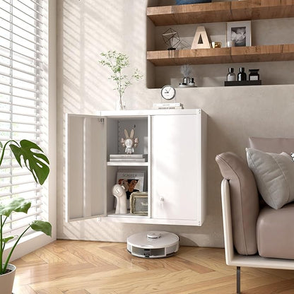 GREATMEET Metal Wall Cabinet, Wall Mounted Storage Cabinet with Lock for Garage Storage, White Floating Cabinet with Doors and Adjustable Shelf for Utility Room