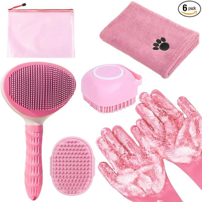 Bath Grooming Kit for Pets - Hair Brush Set with Towel, Washing Gloves, and Shampoo Scrubber Brush for Dogs and Cats (Pink)