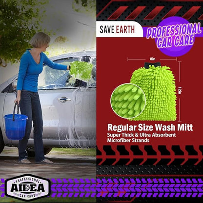 AIDEA Car Wash Mitt Microfiber, 4PK Scratch Free Lint-Free, Premium Chenille Microfiber Mitt Car Wash Brush, Green, Extra Large Size 8''X12''