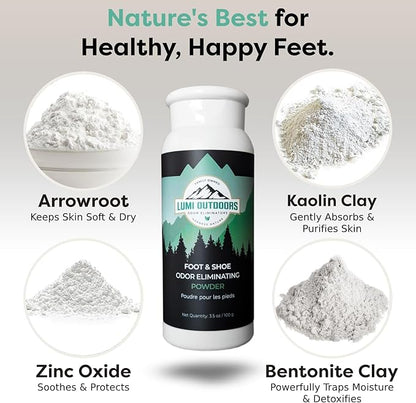 Lumi Outdoors Natural Shoe Deodorizer Spray and Foot Powder Bundle - Lemon Eucalyptus and Foot Powder