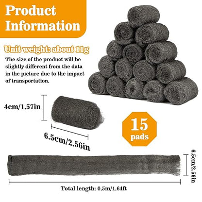 MAQIHAN Steel Wool Pads 0000 15PCS - Steel Wool 0000 Roll Glass Wood Fabric Metal Extra Fine Polishing Chrome Glass Polishing Pads Wool Steelwool Mice Control Weep Hole Covers Walls Fill