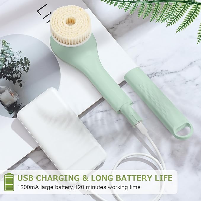 Electric Body Bath Brush, Rechargeable Back Scrubber for Shower, Long Handle Exfoliating Bath Brush for Shower, Lotion Applicator for Back, Silicone Body Scrubber with 6 Shower Brush Heads