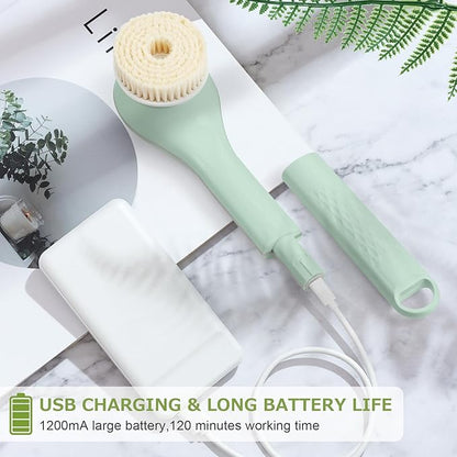 Electric Body Bath Brush, Rechargeable Back Scrubber for Shower, Long Handle Exfoliating Bath Brush for Shower, Lotion Applicator for Back, Silicone Body Scrubber with 6 Shower Brush Heads