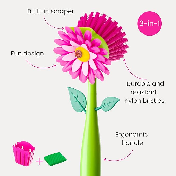 Vigar Flower Power 3-in-1 Kitchen Sink Caddy Set, Flower-Shaped Dish Brush, Sponge, Fence-shaped Holder and Suction Cup, Ideal Sink Organizer, Pink
