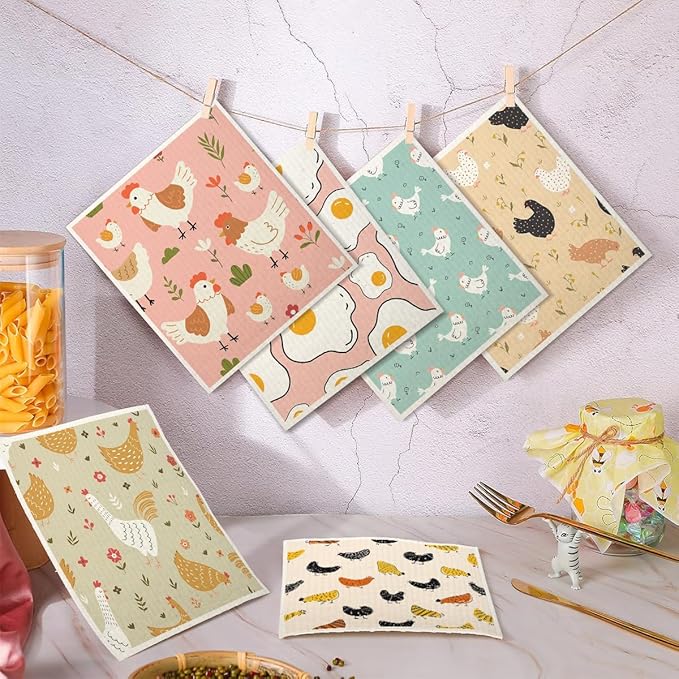 Swedish Dishcloths for Kitchen | 6 Pack Floral Reusable Paper Towels Washable | Swedish Dish Towels | Non-Scratch Cellulose Sponge Cloths | No Odor, Biodegradable Cleaning Cloths, Hen