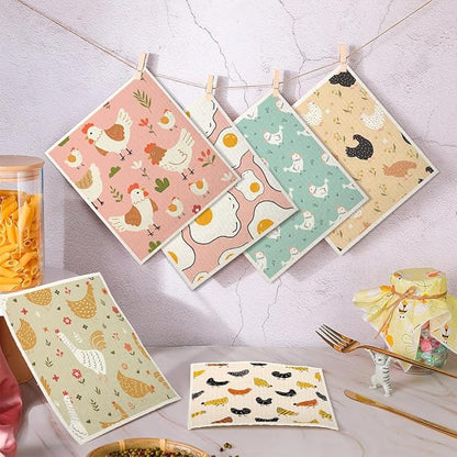 Swedish Dishcloths for Kitchen | 6 Pack Floral Reusable Paper Towels Washable | Swedish Dish Towels | Non-Scratch Cellulose Sponge Cloths | No Odor, Biodegradable Cleaning Cloths, Hen