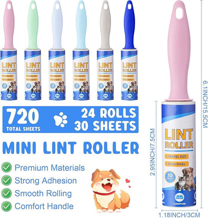 Hushee 24 Pack Bulk Mini Lint Roller for Travel 720 Sheets 6'' Small Lint Removers Portable Lint Roller Travel Size Removers Sticky Removing Tool for Pet Hair Clothes Furniture Car Seat