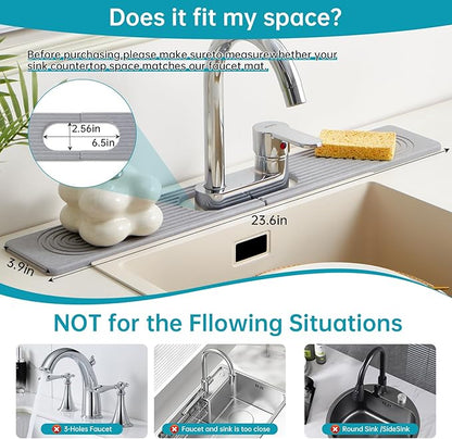 Stone Faucet Mat for Kitchen Sink with Oval Hole – 23.6" × 3.9" Diatomite Drying Stone Mat & Sink Protector, Quick-Dry Splash Guard Water-Absorbing Tray for Bathroom Counter（Gray.23.6" x 3.9"