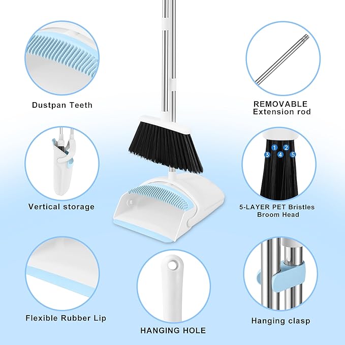 BSKLIN Broom and Dustpan Set, Broom with Dustpan Combo Set with Teeth to Clean Pet Hair 52-in Long Adjustable Handle Broom for Home Office Kitchen Lobby