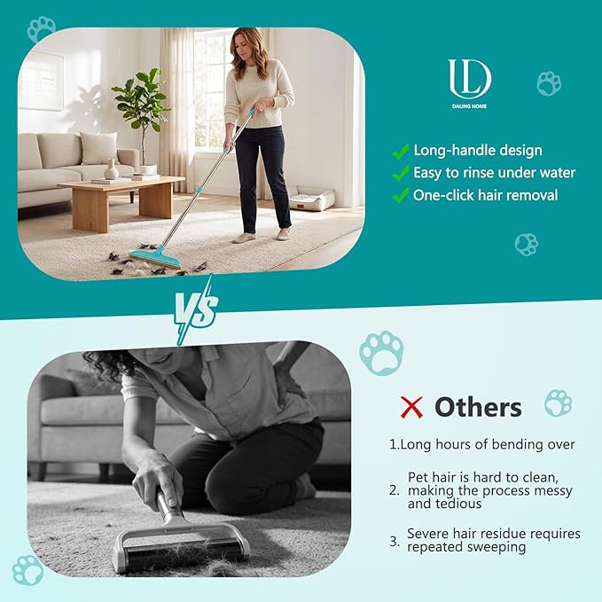 2-in-1 Pet Hair Remover Broom and Scraper Set with Adjustable Long Handle, Ideal for Removing Pet Hair and Water Stains, Reusable and Easy to Clean.