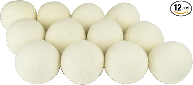 XL Size Wool Dryer Balls Natural Fabric Softener & 100% Organic Premium New Zealand Wool, Reduce Wrinkles & Save Time, Baby Safe & Hypoallergenic, White 12-Count