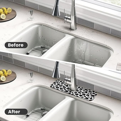 Cow Dalmatian Skin Print Black And White Kitchen Sink Splash Guard Faucet Mat Super Absorbent Fast Drying Mat Sink Gadgets-Fast Drying Pad Sink Mat For Kitchen Bathroom (15" X 5.5" )