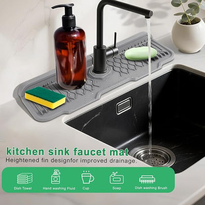 17 Inch Faucet Mat For Kitchen Sink Splash Guard Behind Faucet, ，5°Slope Fast Draining Silicone Mat , Dish Soap Sponge Holder for Bathroom Sink kitchen sink organizer (Grey, 17" x 6")