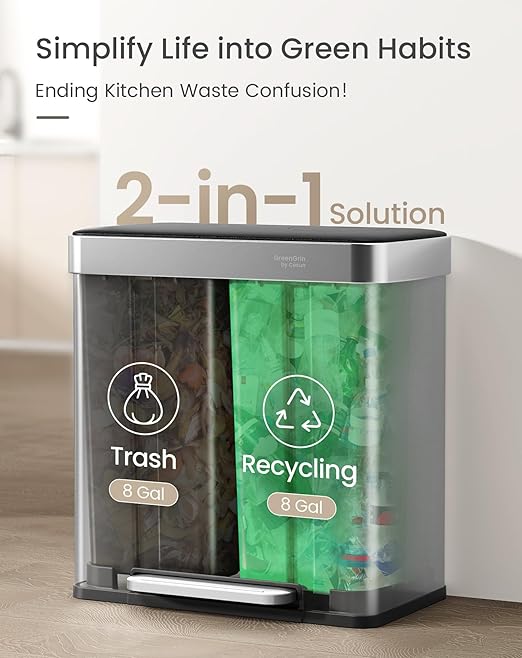 Cesun GreenGrin Kitchen Trash Can, 2x8 Gallon Dual Compartment Trash and Recycle Bin Combo, Double Stainless Steel Step Garbage Can with Lid,Recycling Push Flap,Removable Inner Buckets,30L+30L(Sliver)