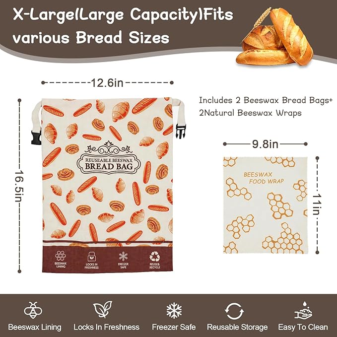 2 Pack Beeswax Bread Bags, Reusable Bread Bag for Homemade Sourdough Bread, 16.5 X 12.6 Inch Beeswax-Lined Linen Storage Bags With Zipper & 2pcs Beeswax Wraps for Food, Pastry , Baking Storage