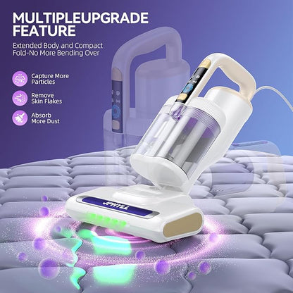 Mattress Vacuum Cleaner, 20Kpa Suction Bed Vacuum Cleaner with 253.7nm UV-C Light, 140°F Heated Air, 30000 RPM Brushroll, 40,000Hz Ultrasonic, HEPA Filter, for Bed, Sofa, 500W Corded (White)