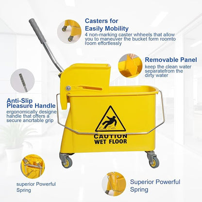 Midoneat Mop Bucket with Wringer, 22 Qt (5.5 Gallon), Handle, Wheels,Floor Cleaning, 16.5" L x 10.6" W x 26.4" H, Yellow,Add One Cotton Mop