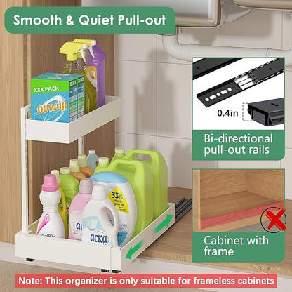 REALINN L-Shaped Under Sink Organizer with 6-Level Height Adjustment & Expandable Width, Pull-Out Cabinet Storage Rack with Quiet Sliding Rails for Kitchen, Bathroom, Laundry Room Cabinets, White