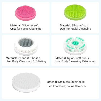 SoulBay Electric Body Brush with 5 Attachments: Rechargeable Back Brush IPX7 Long Handle Exfoliating Spin Scrubber for Shower Bathing Cleansing Wash Deep Cleaning