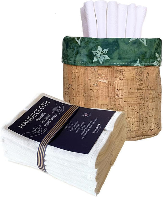 Reusable Paper Towel Set/Towels & Cork Fabric Basket/American Made/Machine Washable/Absorbent & Durable Edges & No Pilling (Reversible Green Star & Cork Basket, 24 Pack Cloths)