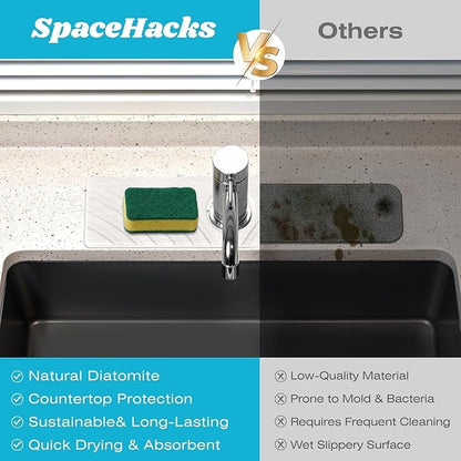 SpaceHacks Stone Faucet Mat for Kitchen Sink - Fast Drying Diatomite Stone Drying Mat, Textured Drainage Sink Protector, Water Splash Guard with Base Pads for Bathroom Counter (15.7x4 in, White)