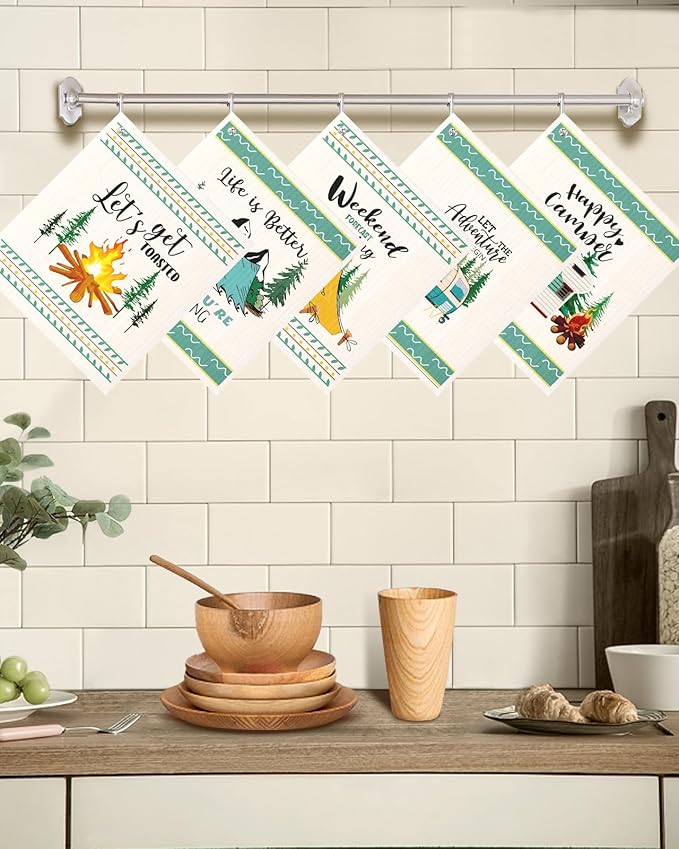 Miss Adola Swedish Dishcloths for Kitchen with Hooks - Reusable Dish Cloths for Washing Dishes Fast Drying Cute Fun 5 Pack Swedish Dish Towels Washable Cleaning Sponge, Green Camping