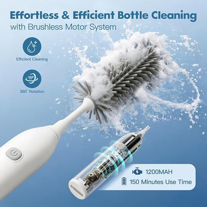 Electric Bottle Brush Cleaner, Electric Baby Bottle Brush Set with Silicone Bottle/Nipple/Straw Brush Soap Dispenser/Storage Bag for Home and Travel, White