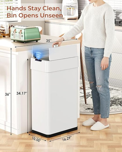 TLSUNNY 21.1 Gallon Automatic Trash Can, Stainless Steel Motion Sensor Garbage bin, Smart Trash Can W/Butterfly Lid, Bag Retainer Ring and Display Light for Living Room,Kitchen,Office (White, 80L)
