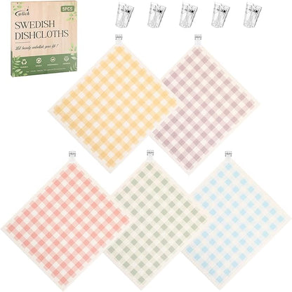 wlich 5PCS Swedish Dishcloths for Kitchen, Reusable Dish Rags for Washing Dishes with Clips, Non-Scratch Kitchen Towels and Dishcloths Sets, Washable Swedish Dish Cloths, No Odor(Grid)