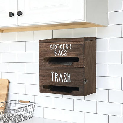 2 in 1 Trash Bag Dispenser, Double Wall Mounted,Wood Trash Bag Holder, used in kitchen, garage, laundry room, can store Environmentally friendly food bags and garbage bags(Dark Wood