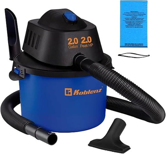 Koblenz Wet Dry Vacuum Cleaner, 2 Gallon 2.0 PHP, 60 CFM, 10 ft Reach, Twist-N-Lock Hose, Small Shop Vac, Portable Shop Vac for Home Car Garage Workshop, Accessories Included, Blue/Black, WD-2L