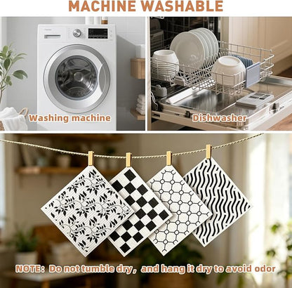 Swedish Dishcloths for Kitchen - 4 Pack Geometric Pattern Reusable Paper Towels, Non-Scratch Cellulose Cloths, No Odor, Biodegradable Cleaning Cloths