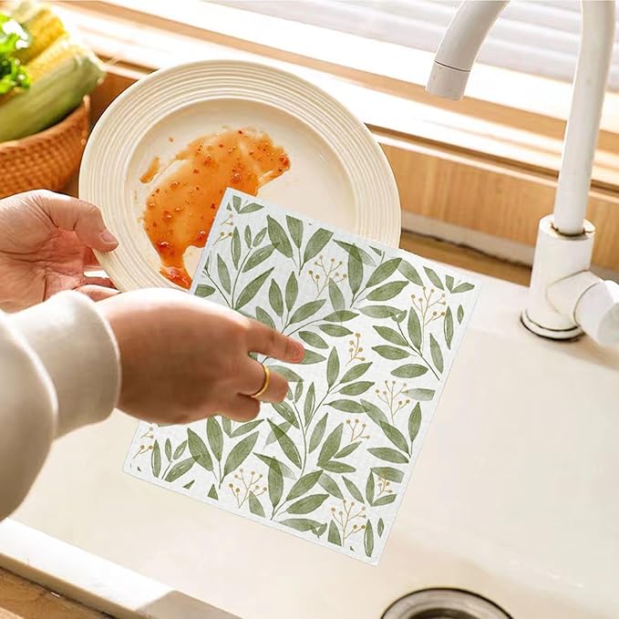 Swedish Dishcloths, Botanical Watercolor Leaf, 4 Pack Reusable Paper Towels, Cotton & Wood Pulp, 6.7 x 7.5 Inches