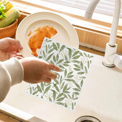 Swedish Dishcloths, Botanical Watercolor Leaf, 4 Pack Reusable Paper Towels, Cotton & Wood Pulp, 6.7 x 7.5 Inches